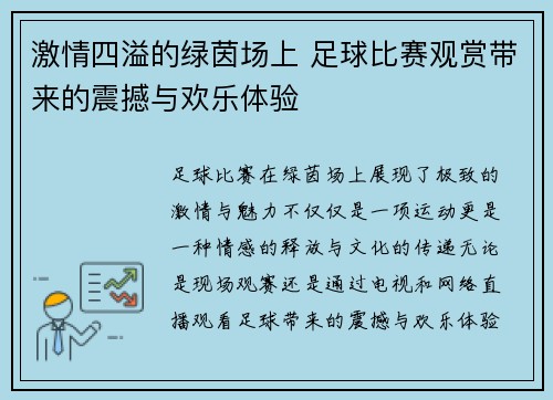 激情四溢的绿茵场上 足球比赛观赏带来的震撼与欢乐体验