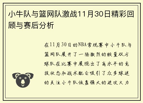 小牛队与篮网队激战11月30日精彩回顾与赛后分析